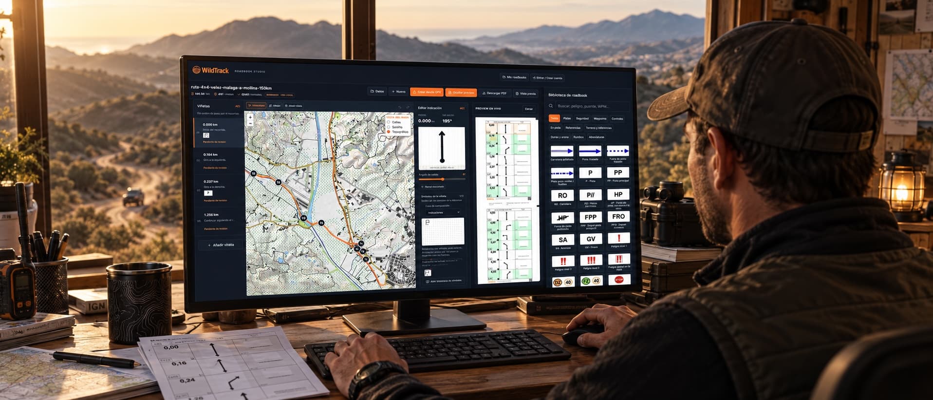 Piloto trabajando con WildTrack Roadbook Studio en el monitor: mapa, viñetas y biblioteca de símbolos FIM