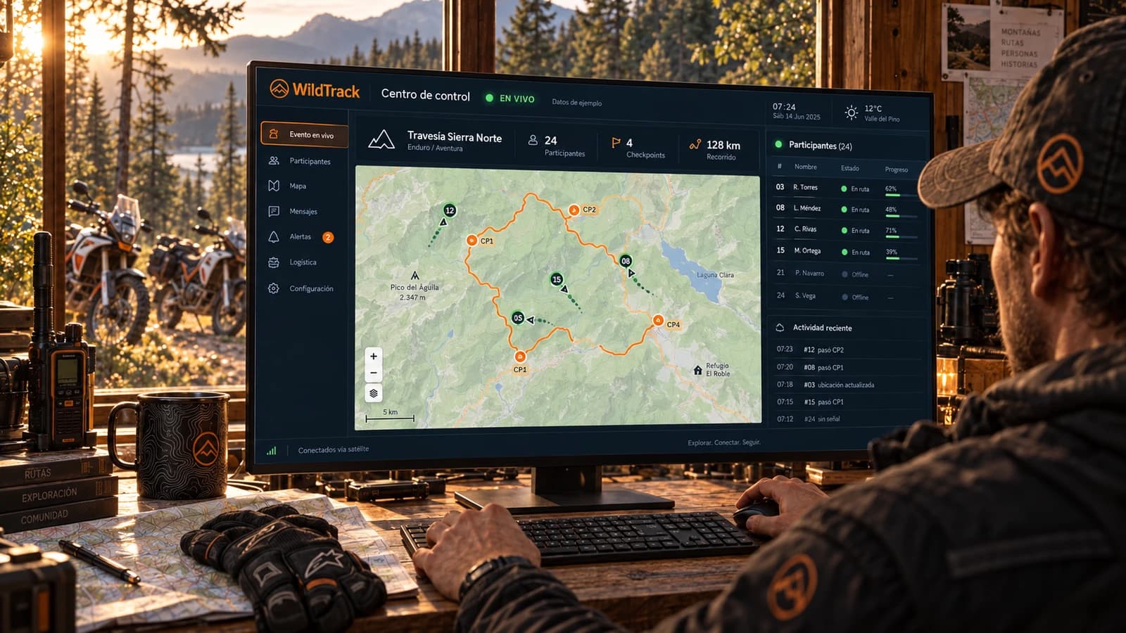 Dashboard del centro de control de WildTrack en vivo, con mapa del evento, 4 checkpoints y lista de participantes