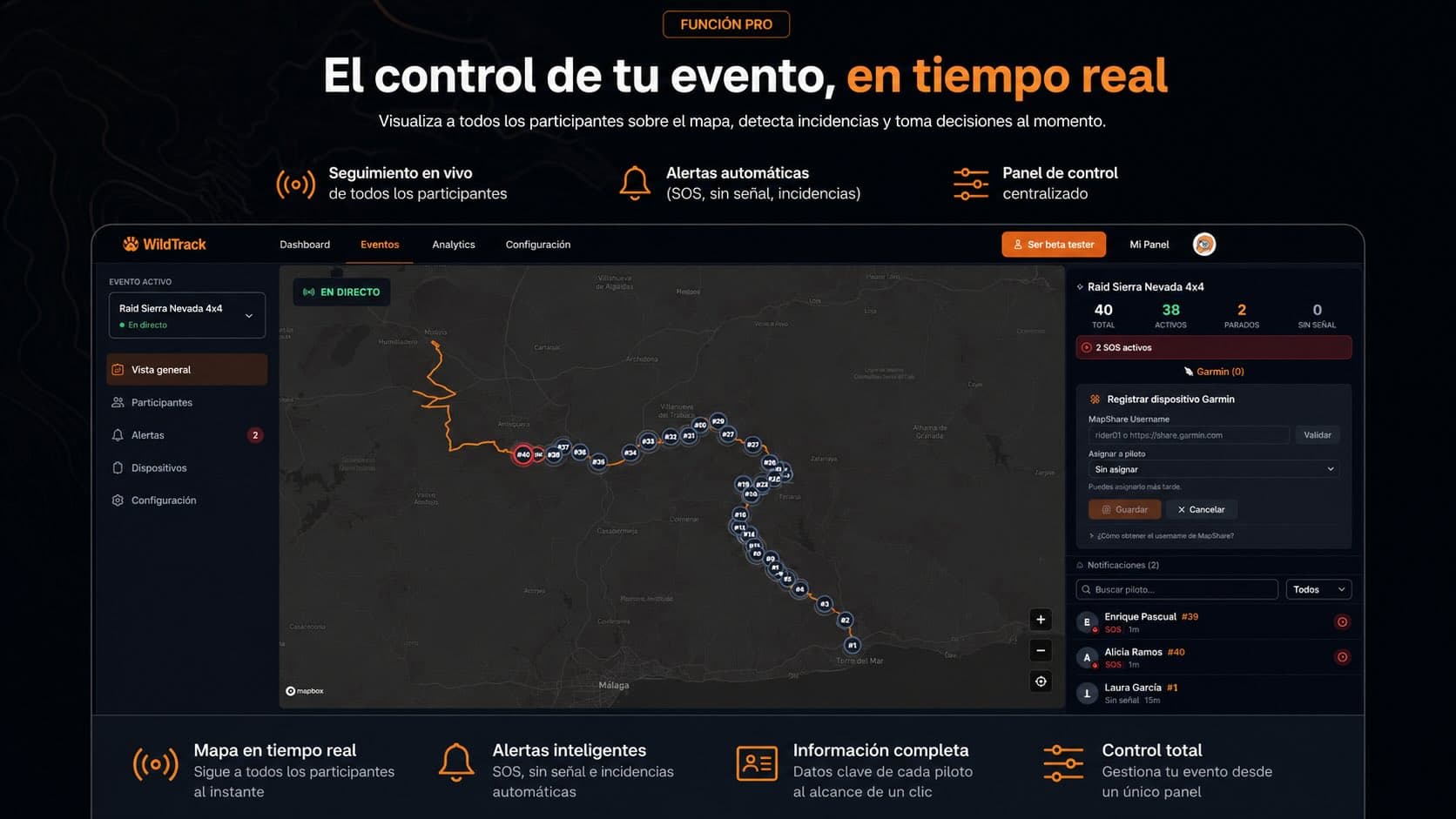 Centro de Control WildTrack PRO — panel con mapa, participantes en tiempo real y alertas SOS