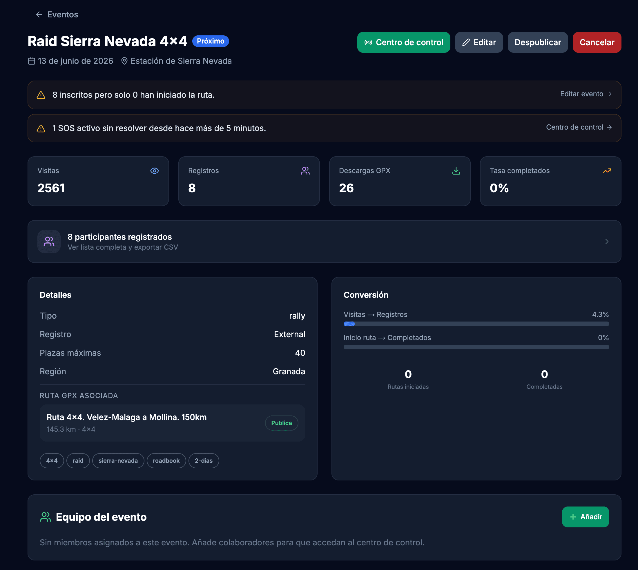 Panel de gestión de evento WildTrack con métricas, categorías y etapas