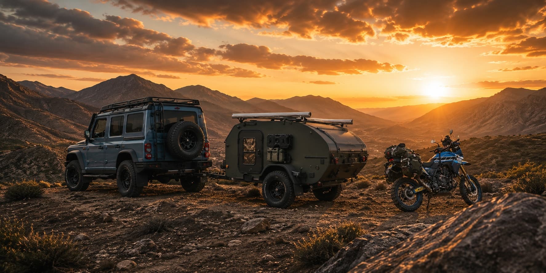 4x4 con camper y moto trail en montaña al atardecer — programa de partners WildTrack