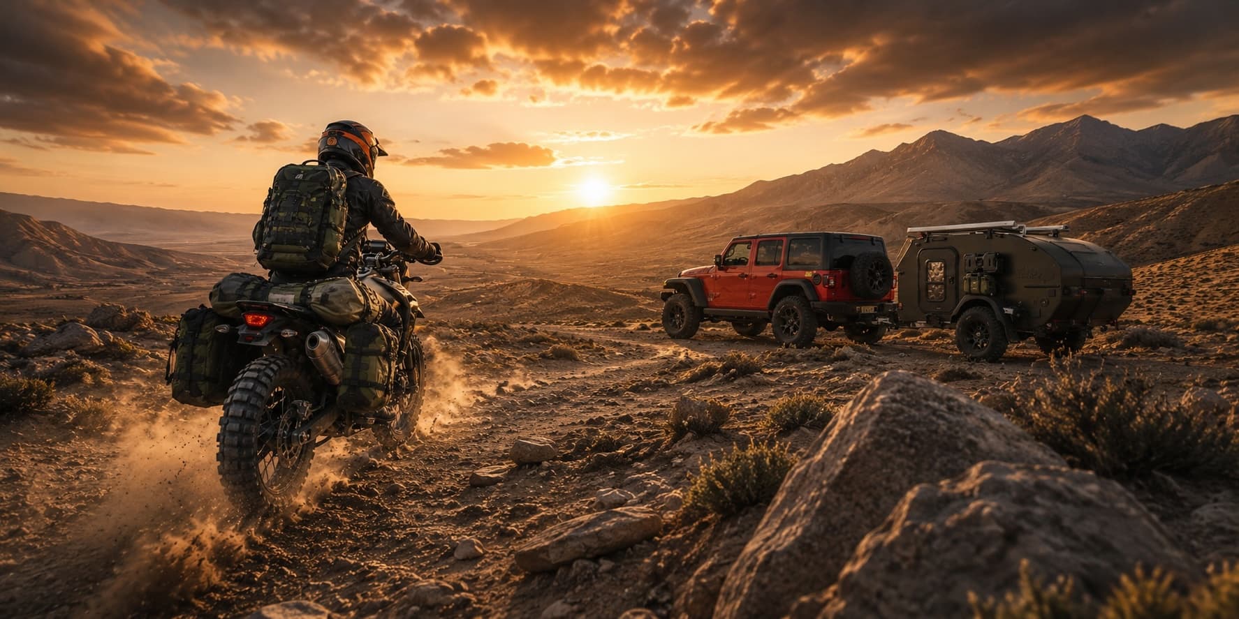 Moto trail y 4x4 con camper en ruta off-road al atardecer — partners de WildTrack