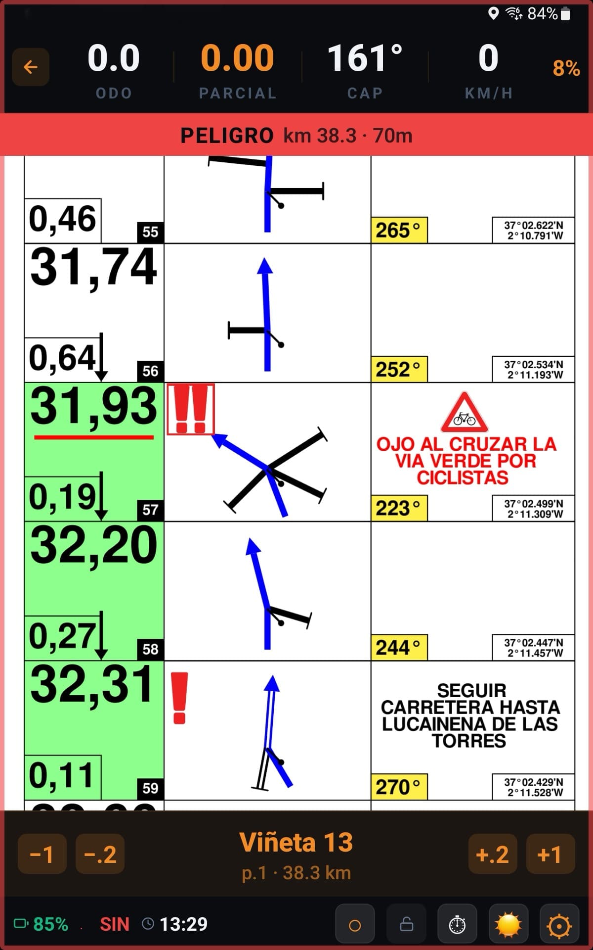 Rally Cockpit de WildTrack mostrando roadbook interactivo con alertas de seguridad