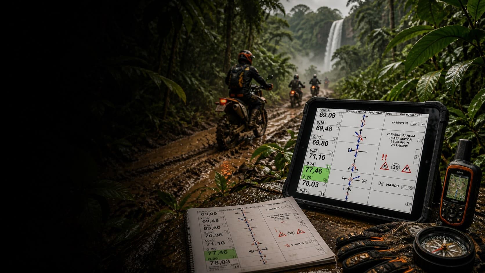 Rider con roadbook navegando una ruta off-road