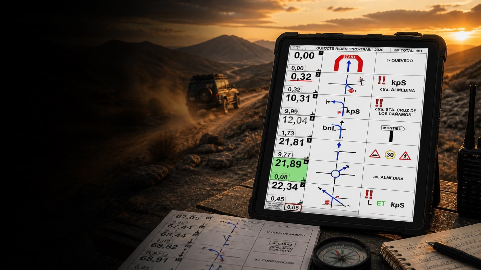 Tablet con roadbook digital WildTrack montada junto a brújula y roadbook en papel durante un rally offroad