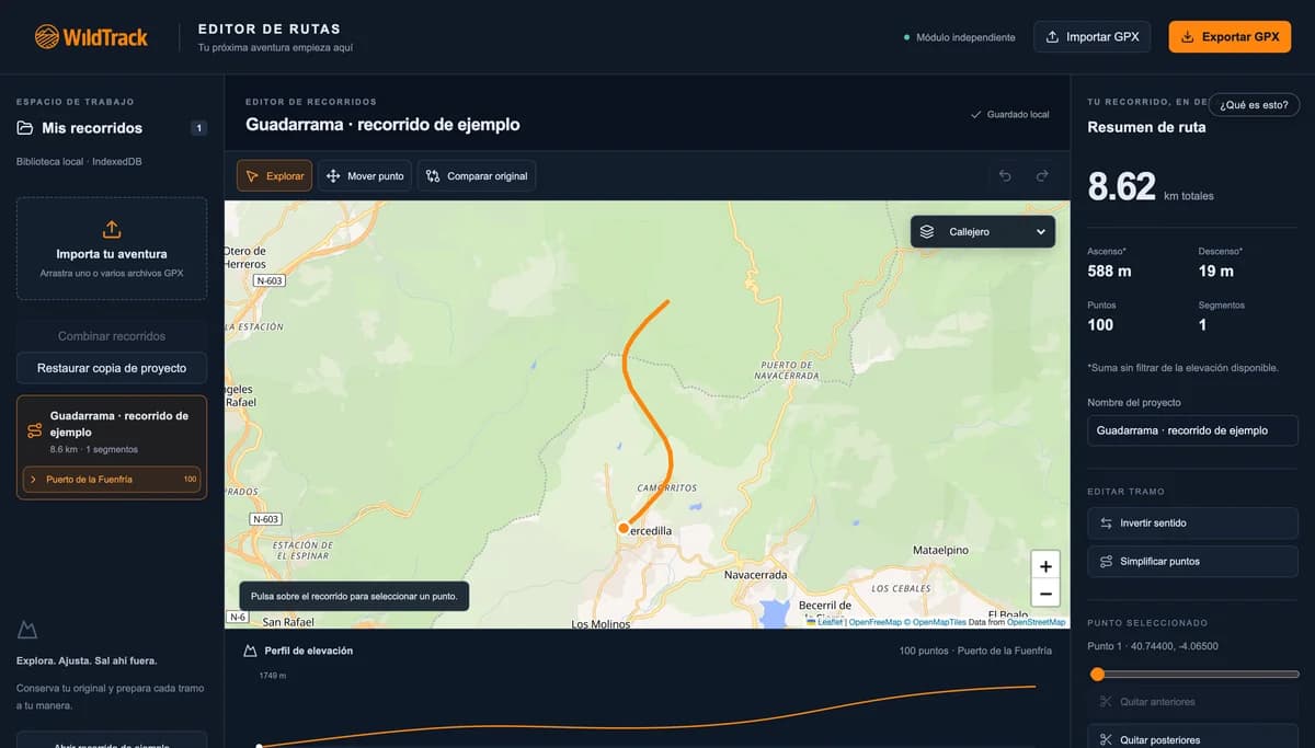 Editor WildTrack con el recorrido de ejemplo cargado, biblioteca a la izquierda y resumen a la derecha