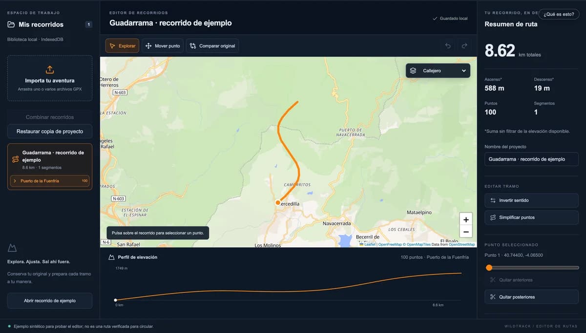 Editor WildTrack en modo Mover punto con un punto seleccionado en el mapa y el perfil de elevación debajo
