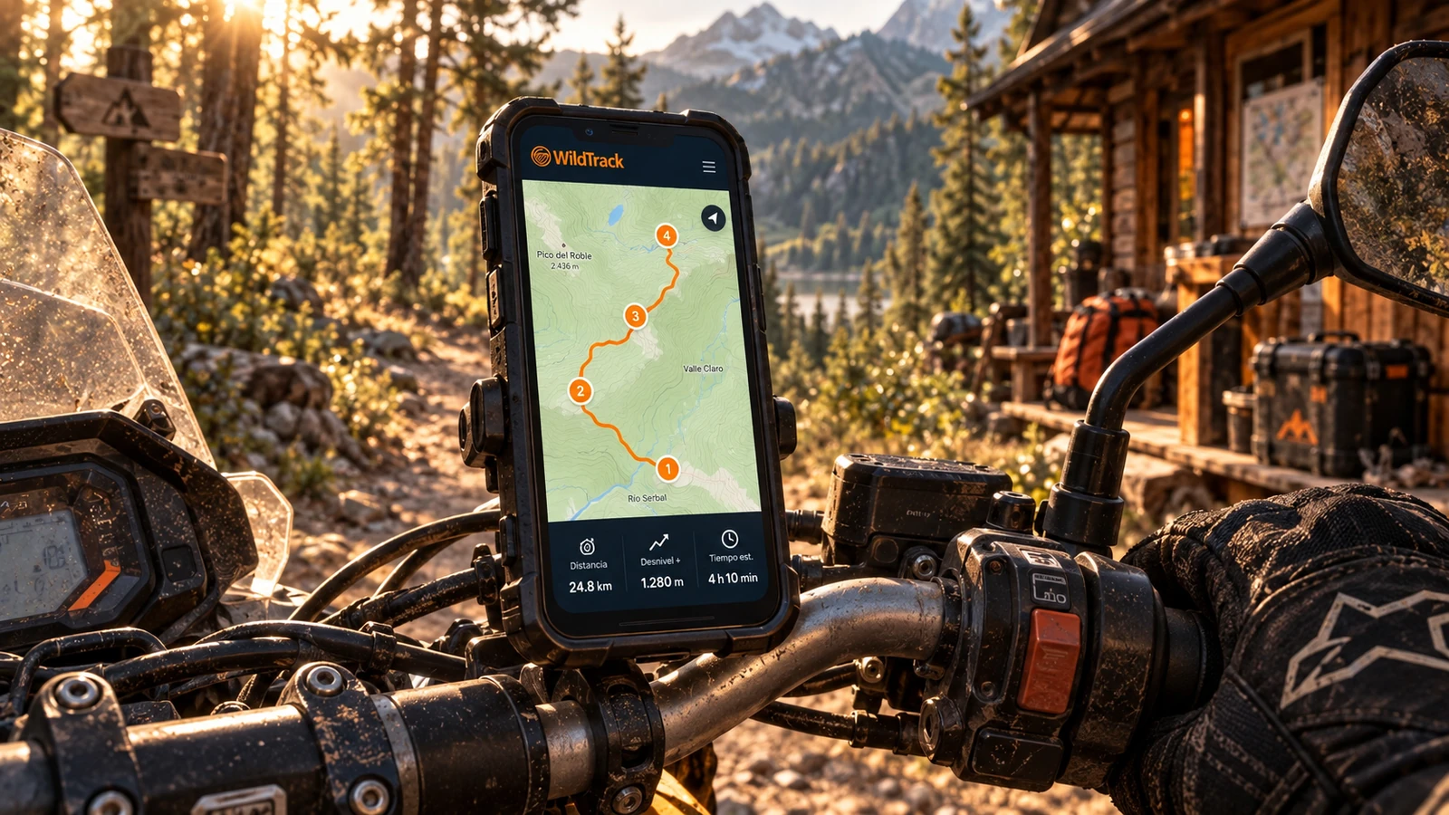 Móvil rugerizado montado en el manillar de una moto trail mostrando una aventura off-road con 4 waypoints en WildTrack